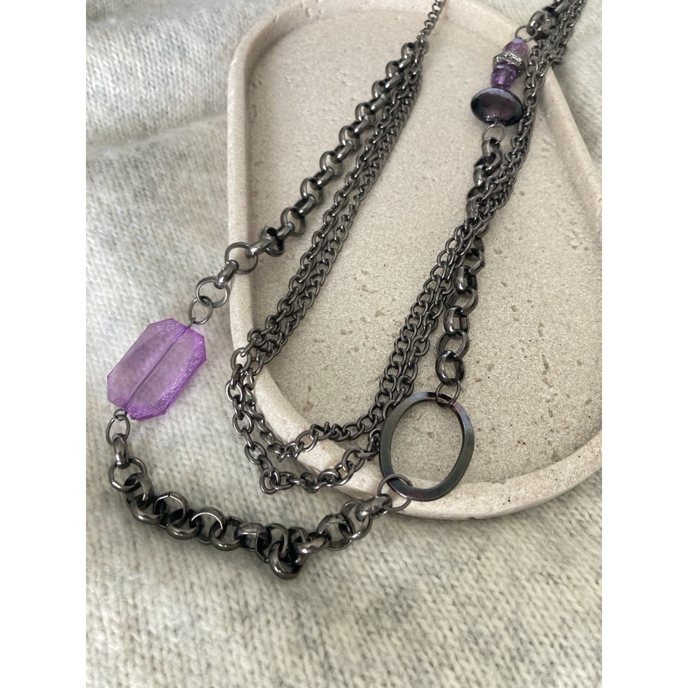 Gunmetal Multi Chain Statement Necklace Purple Bead Accent Layered‎ Gothic